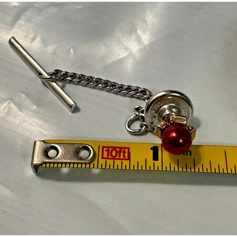 Vintage‎ Mens Red Faux Pearl Tie Tack Silver Tone Chain T-Bar Formal Accessory